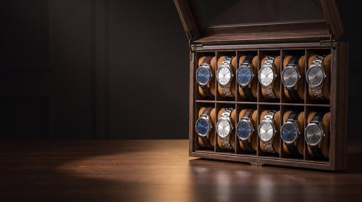 Boîte à montres SERTI ouverte, douze montres sur coussins