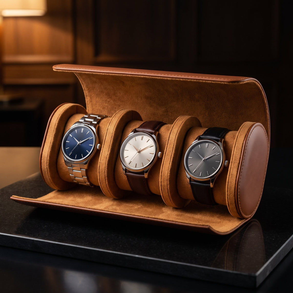 Étui de voyage ROULEAU cognac ouvert, trois montres