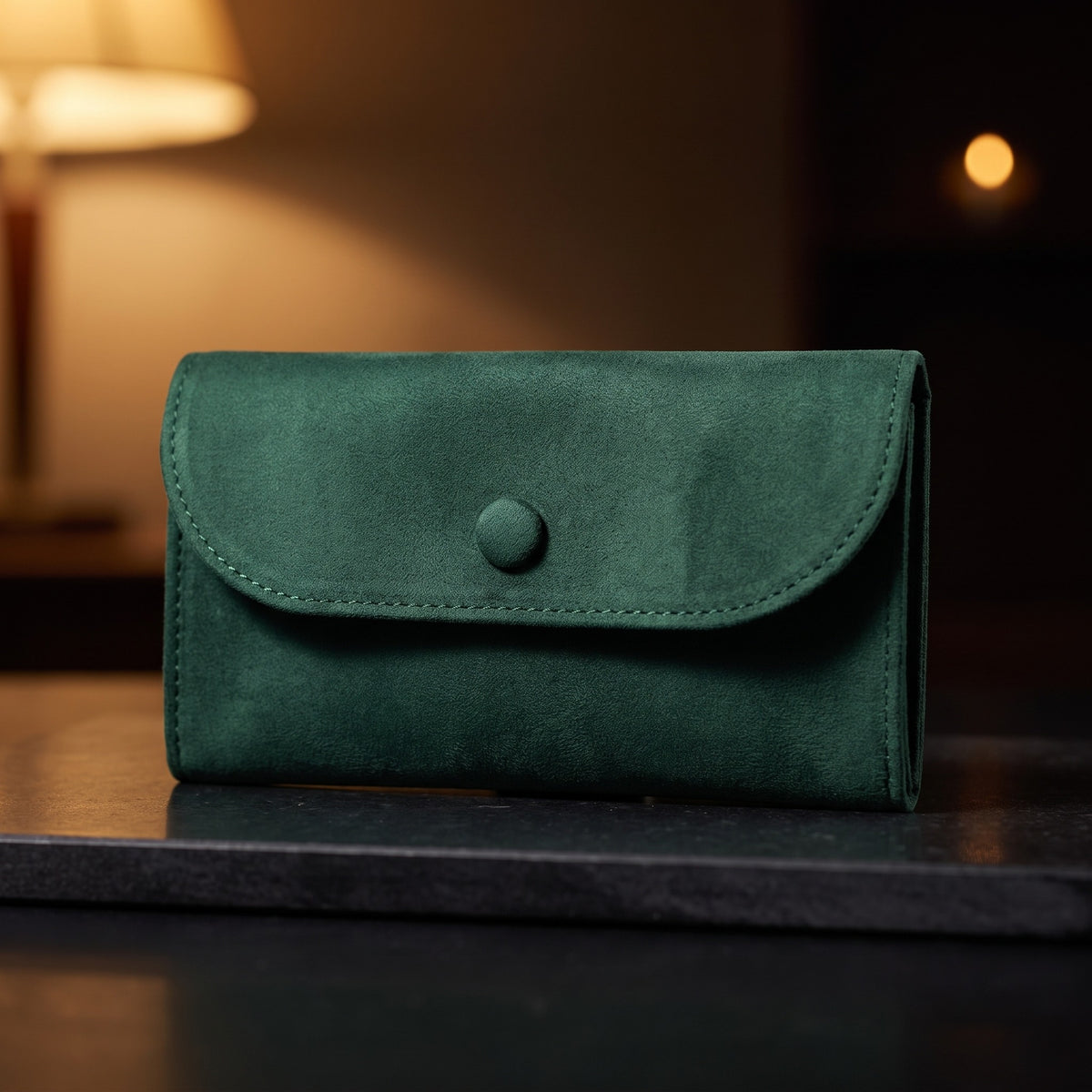Étui à Montre NOMADE, Flanelle Vert Sapin, vue en contre-plongée