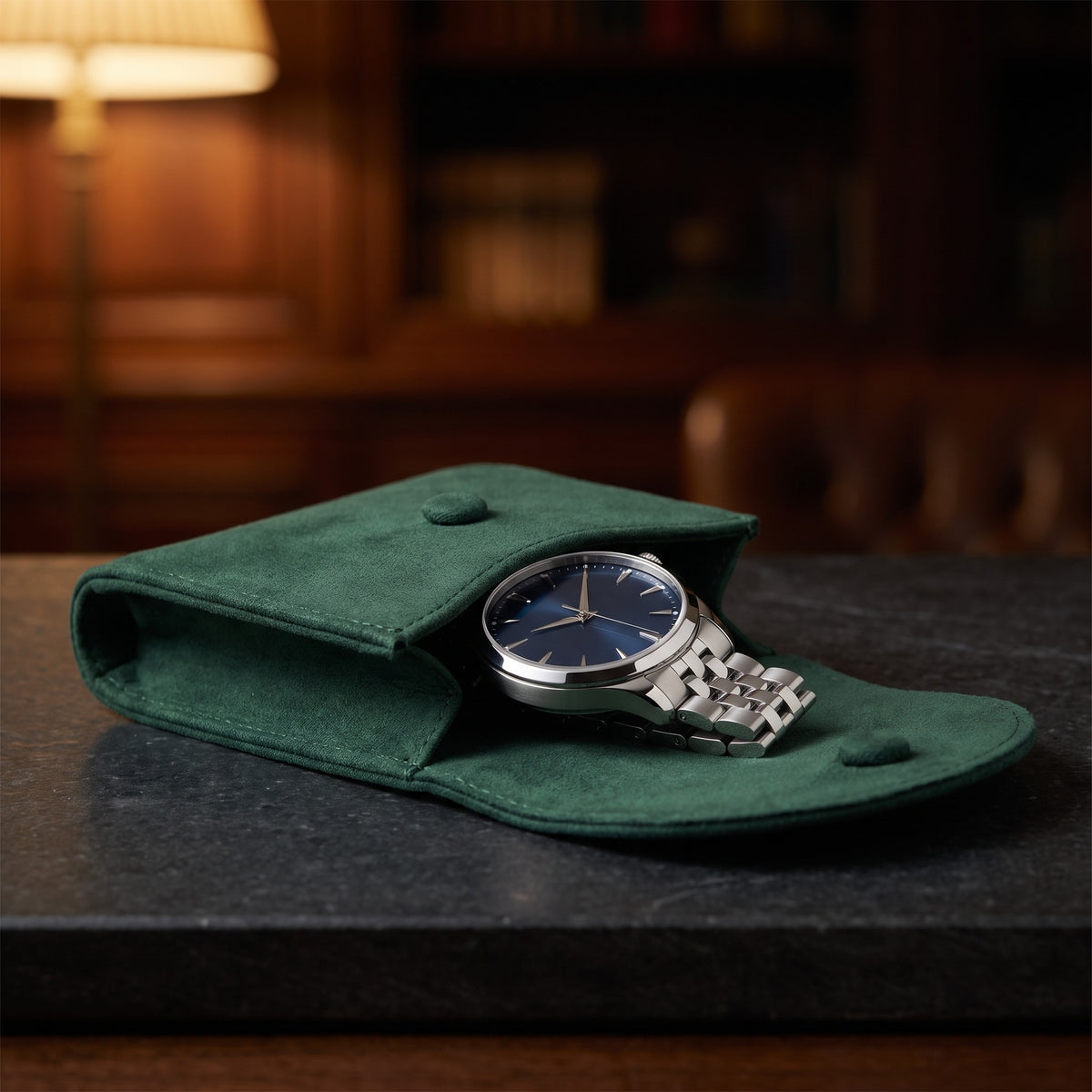 Étui à Montre NOMADE, Flanelle Vert Sapin, ouvert