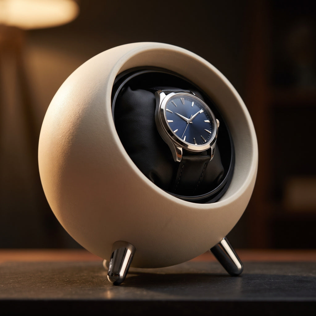 Remontoir à Montre ORBE, Sphère 14 cm, Blanc Cassé, vue en contre-plongée