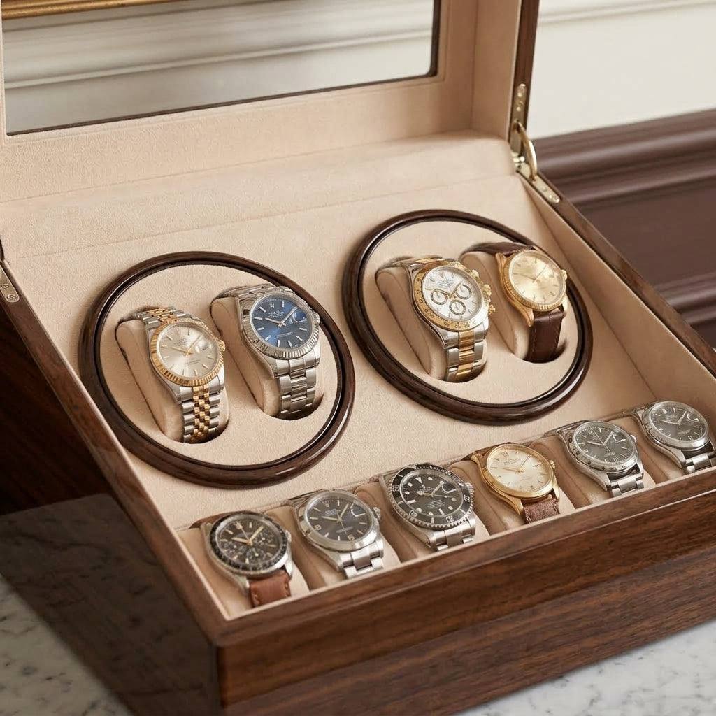 Remontoir BERGEN - 4 Montres et Rangement fixe 6 Montres Noyer