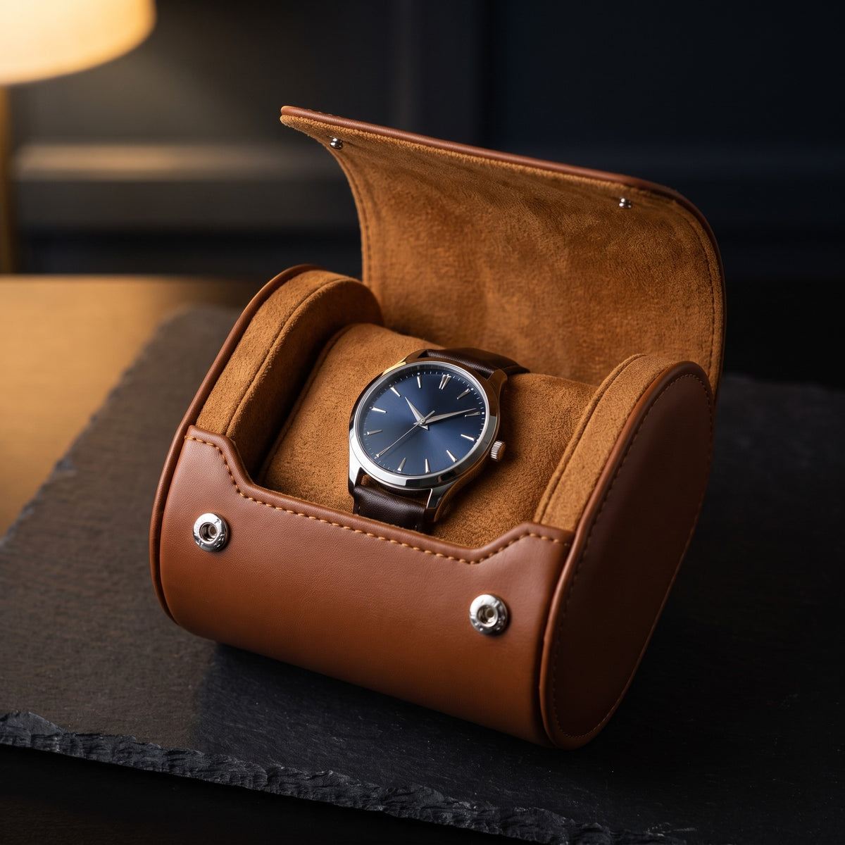 Étui de Voyage ROULEAU, 1 Montre, Cognac, vue de dessus