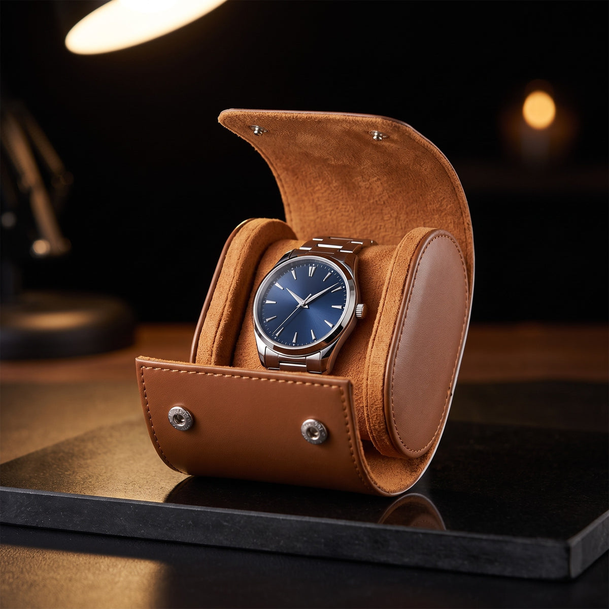 Étui de Voyage ROULEAU, 1 Montre, Cognac, ouvert