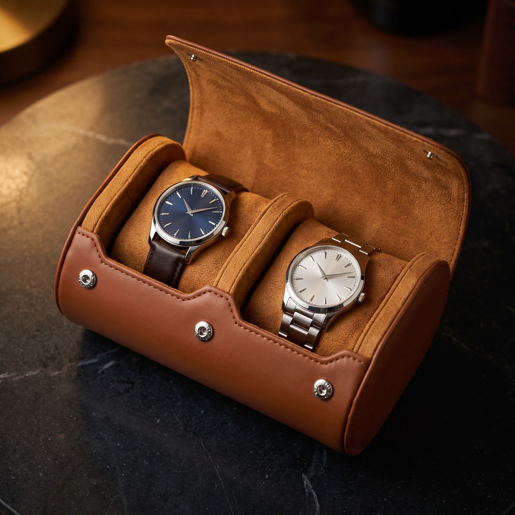 Étui de Voyage ROULEAU, 2 Montres, Cognac, vue de dessus