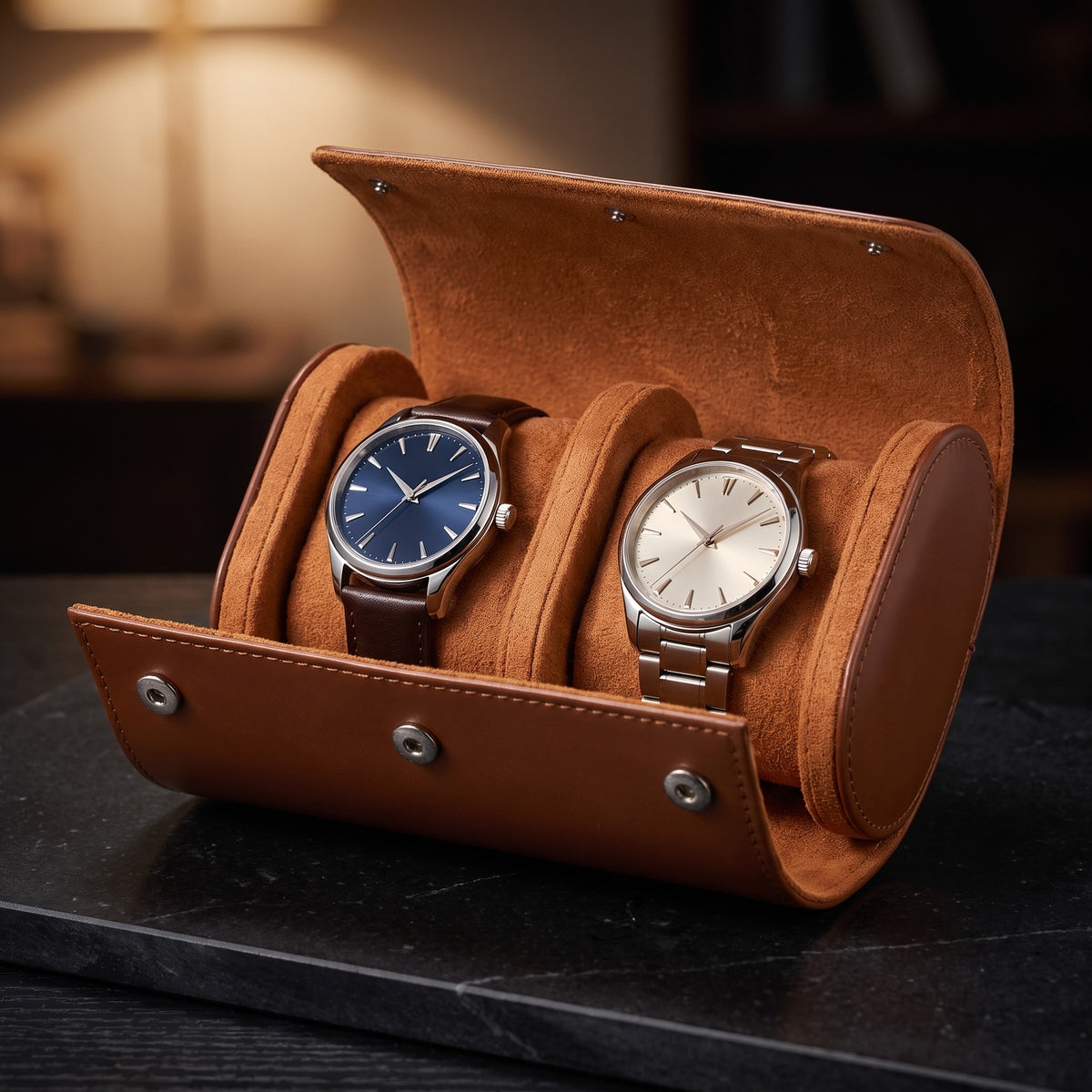 Étui de Voyage ROULEAU, 2 Montres, Cognac, ouvert