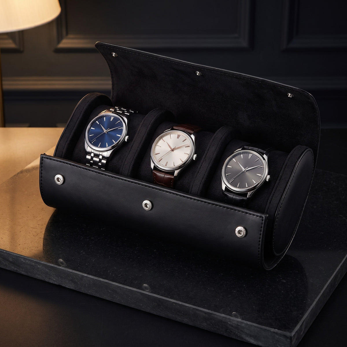 Étui de Voyage ROULEAU, 3 Montres, Noir, vue de dessus