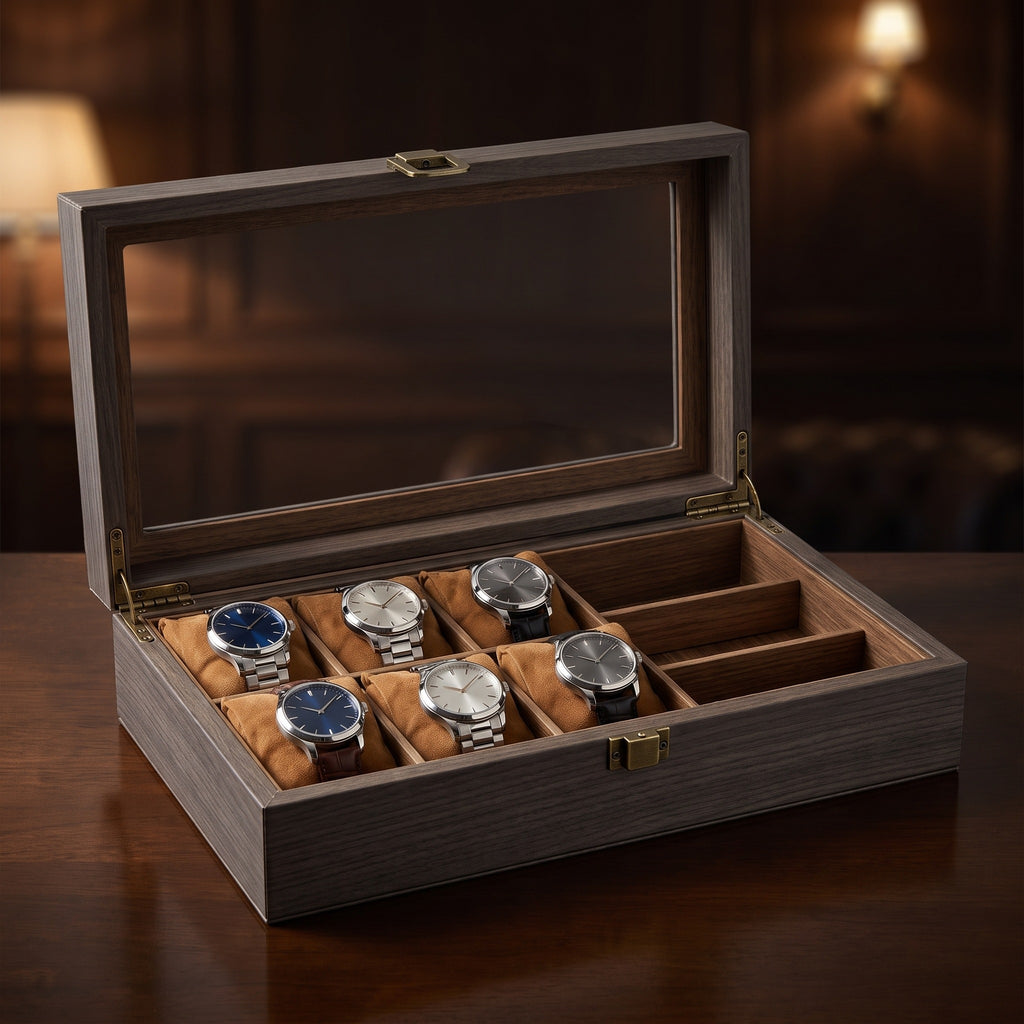 Boîte à montres SERTI 6 montres et 3 lunettes, ouverte