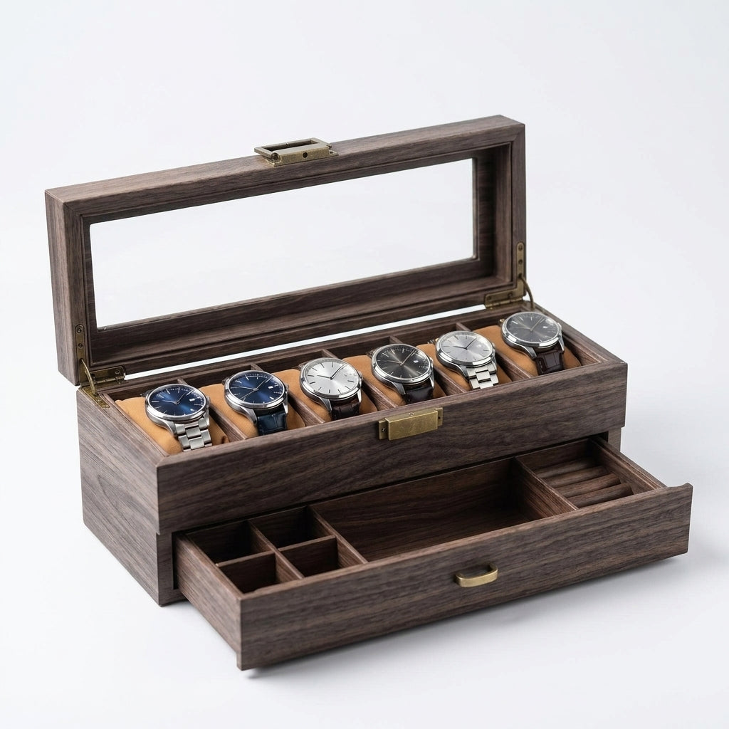 Boîte à Montres SERTI, 6 Places et Tiroir à Bijoux