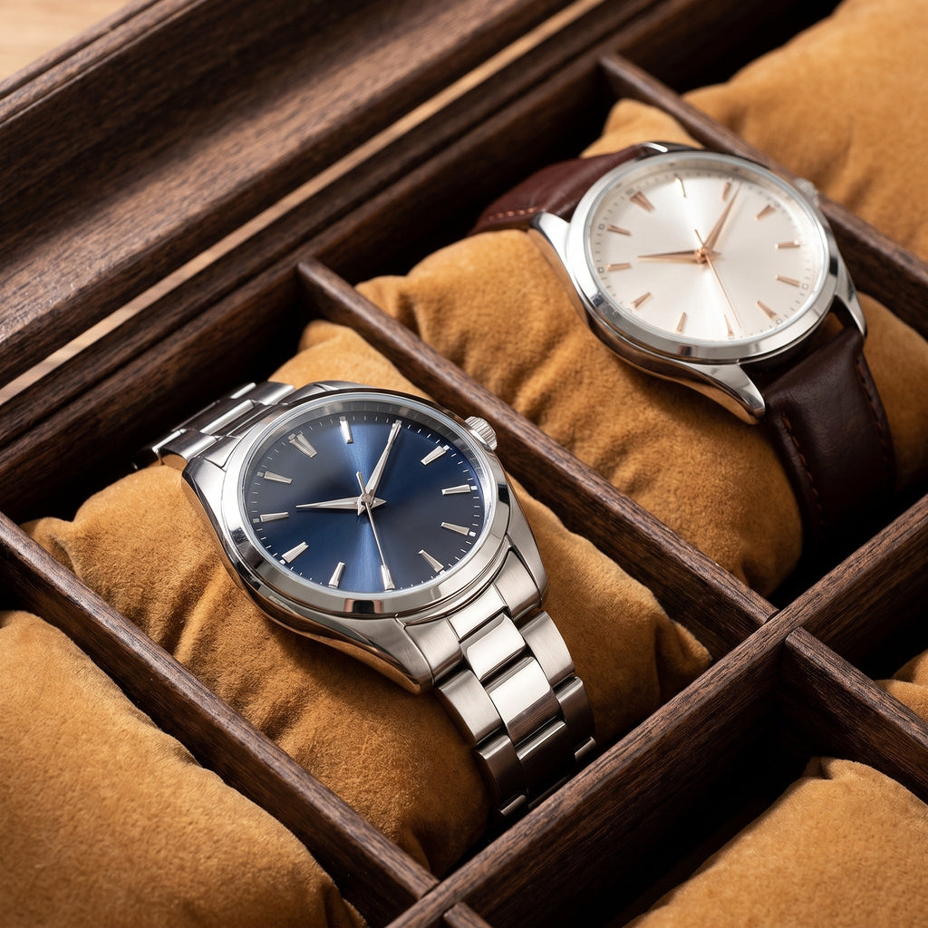 Intérieur en finition bois, montres sur coussins